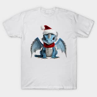 Realistic Artwork of a Cute Blue Baby Dragon Wearing a Red Festive Christmas Hat T-Shirt